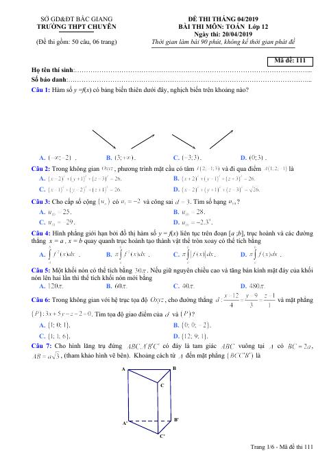 Đề thi tháng 04/2019 môn Toán 12 trường THPT chuyên Bắc Giang (bản Word)